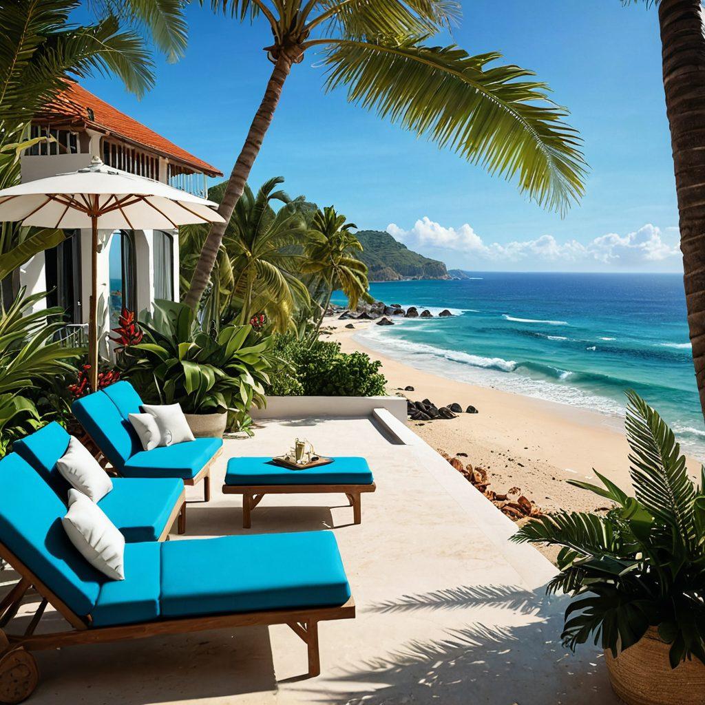 A stunning seaside view featuring an elegant luxury apartment overlooking the ocean, with a beautifully designed terrace adorned with tropical plants and lounge furniture. Include a family enjoying self-catering meals al fresco, surrounded by a sun-drenched beach and waves gently crashing in the background. The atmosphere should radiate relaxation and joy, with clear blue skies and vibrant colors. super-realistic. vibrant colors. 3D.