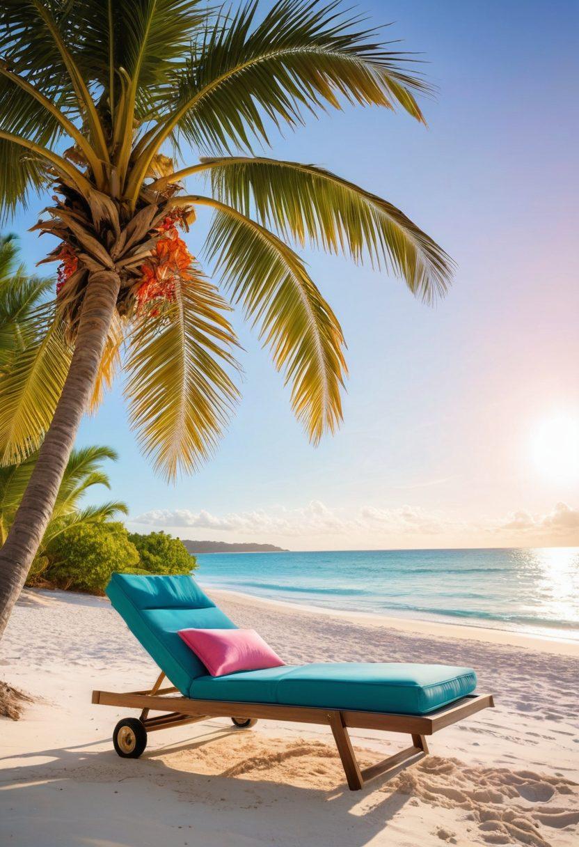 A tropical beachfront scene featuring an inviting lounge chair under a palm tree, with a stylish swimwear laid out on it. In the background, clear turquoise waters and soft white sand create a picturesque paradise. A golden sunset casts warm hues across the sky, enhancing the serene atmosphere. Add beach accessories like sunglasses and a cocktail to complete the vibe. vibrant colors. super-realistic.