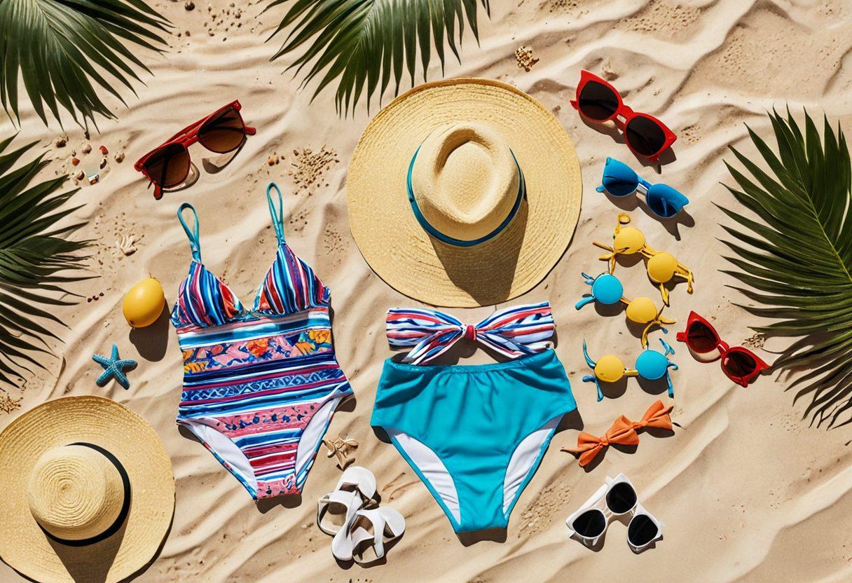 A stylish beach scene showcasing various elegant swimwear essentials like chic bikinis and trendy beachwear hanging on a clothesline against a backdrop of a sunny beach. Include vibrant colors, complementing beach accessories such as hats and sunglasses, with playful waves in the background. Capture a sense of relaxation and summer vibes. bright colors. tropical setting. super-realistic.